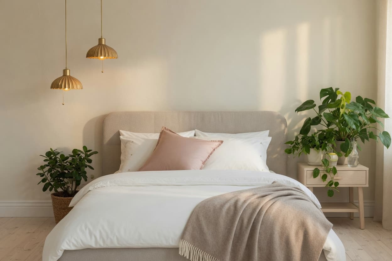 Calm bedroom with white linen, a blush pillow and warm brass lights
