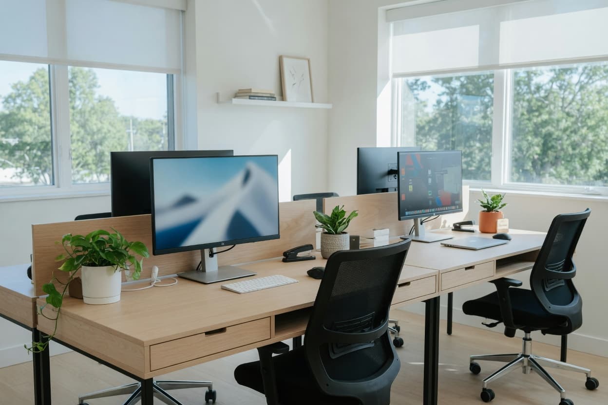 Bright open office with wooden desks, black chairs and plants