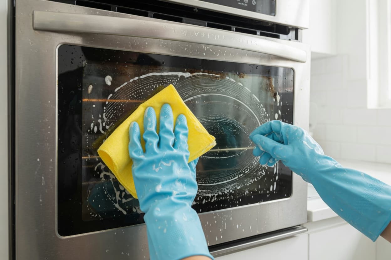 Gloved hands cleaning the glass door of a stainless steel oven