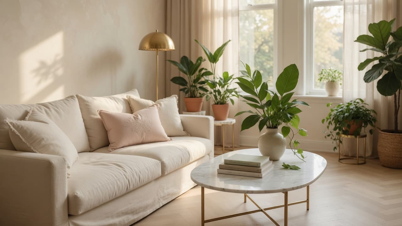 Sunlit living room with a cream sofa, blush cushion, marble table and houseplants