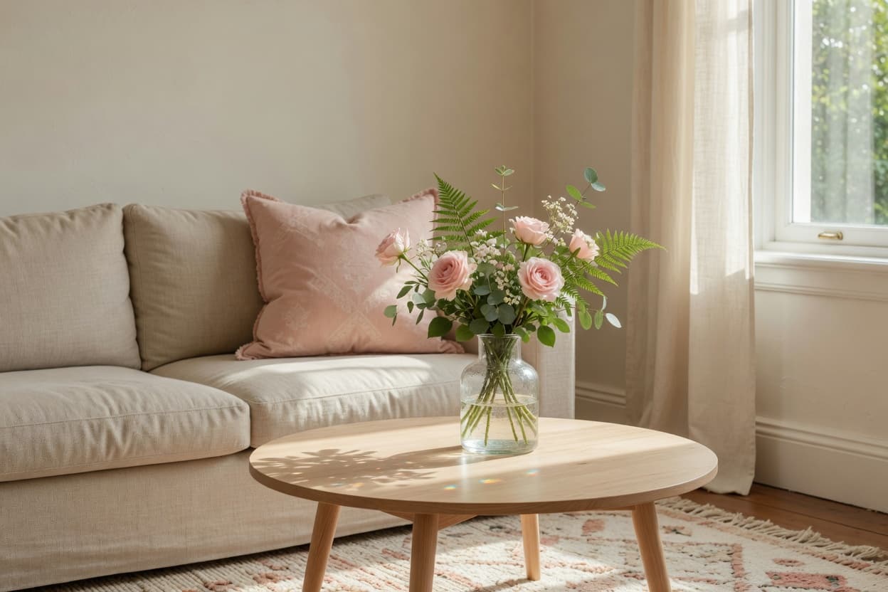 Beige sofa with a blush cushion and a vase of pink roses in a sunlit living room