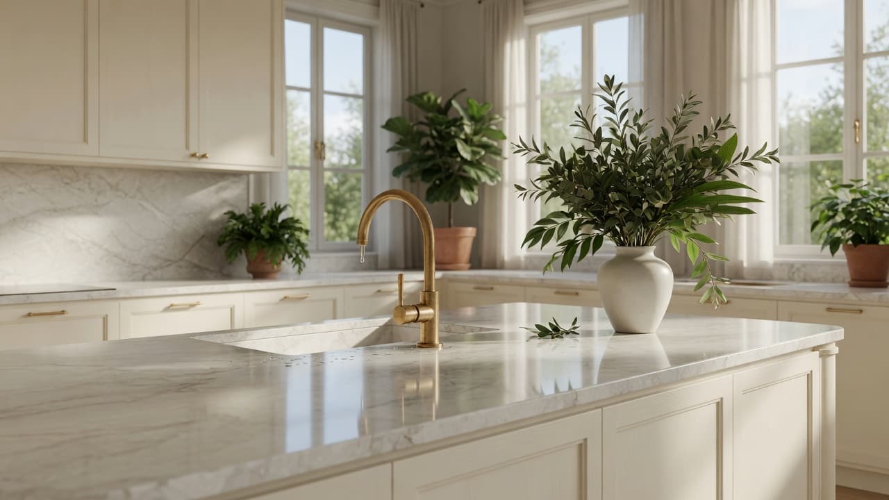 Cream kitchen with a marble island, brass tap and a vase of greenery