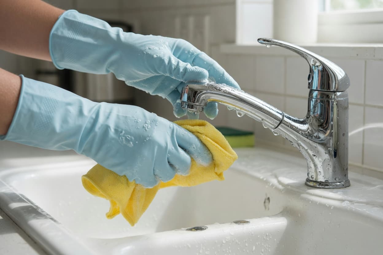 Gloved hands polishing a chrome kitchen tap above a white sink