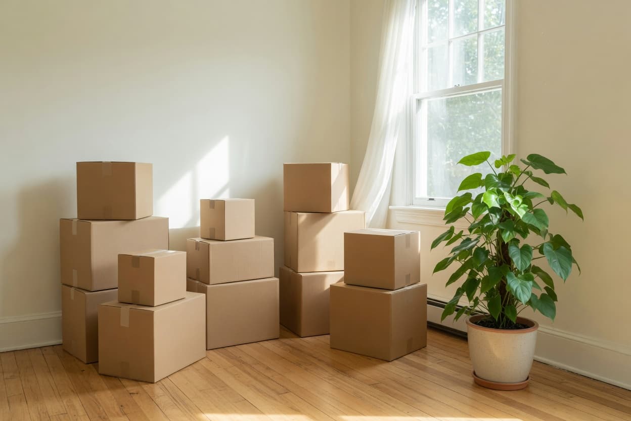 Stacked cardboard moving boxes and a houseplant in a bright empty room